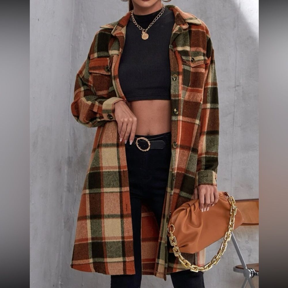 New Cozy Plaid Flap Pocket Drop Shoulder Long Jacket Shacket Coat Fall Colors